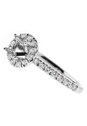 Round Halo, Thin Diamond Shank Engagement RIng Semi Mount in 18kt White Gold