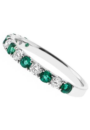 Alternating Emerald and Diamond Single Row Ladies Ring 2.5 mm Wide in 18kt White Gold
