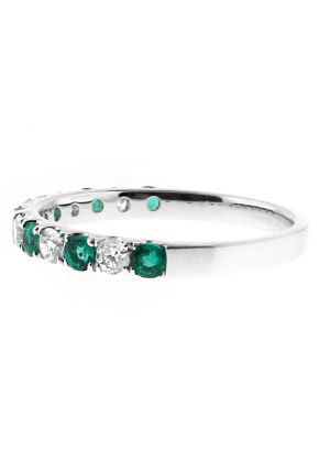 Alternating Emerald and Diamond Single Row Ladies Ring 2.5 mm Wide in 18kt White Gold