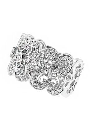 12.6mm Wide, Mil-grained Scroll Vintage Design Ladies Diamond Ring in 18kt White Gold