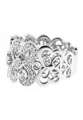 12.6mm Wide, Mil-grained Scroll Vintage Design Ladies Diamond Ring in 18kt White Gold