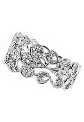 10.4mm Wide, Milgrained Scroll Vintage Design Ladies Diamond Ring in 18kt White Gold