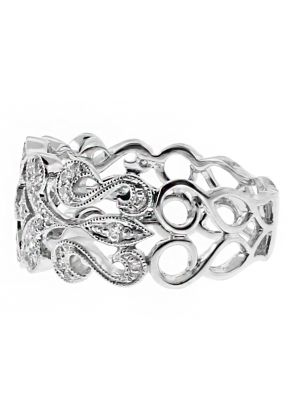 10.4mm Wide, Milgrained Scroll Vintage Design Ladies Diamond Ring in 18kt White Gold