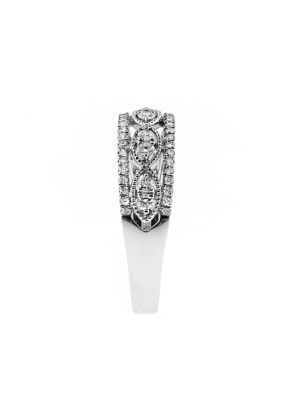 10.4mm Wide, Milgrained Scroll Vintage Design Ladies Diamond Ring in 18kt White Gold