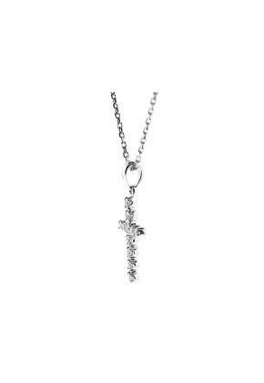 Open Gold Border with Straight Row of Diamonds Cross in 18kt White Gold