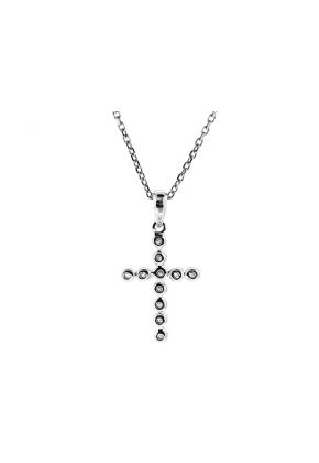 Open Gold Border with Straight Row of Diamonds Cross in 18kt White Gold