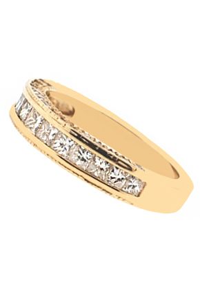 Ladies Triple Side Wedding Band with Princess Cut and Round Diamonds in 18k Yellow Gold