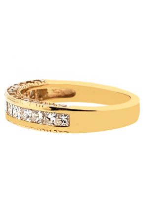 Ladies Triple Side Wedding Band with Princess Cut and Round Diamonds in 18k Yellow Gold