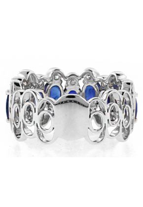Wavy Sapphire Ring with Diamonds Bordered by Milgrain in 18k White Gold