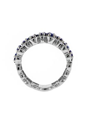 Wavy Sapphire Ring with Diamonds Bordered by Milgrain in 18k White Gold