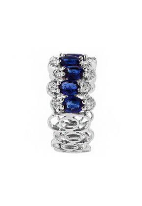 Wavy Sapphire Ring with Diamonds Bordered by Milgrain in 18k White Gold