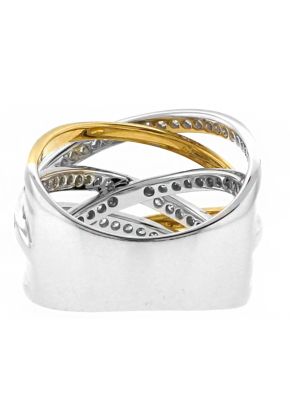 Two Tone Criss Cross Style Cocktail Ring with Diamonds in 18k White and Yellow Gold