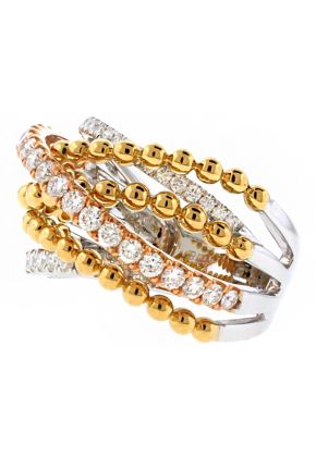 Tri Tone Crossover Style Ring with Diamonds in 18k White and Rose Gold & Beaded Design of 18k Yellow Gold