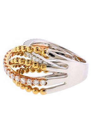 Tri Tone Crossover Style Ring with Diamonds in 18k White and Rose Gold & Beaded Design of 18k Yellow Gold