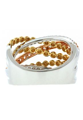 Tri Tone Crossover Style Ring with Diamonds in 18k White and Rose Gold & Beaded Design of 18k Yellow Gold