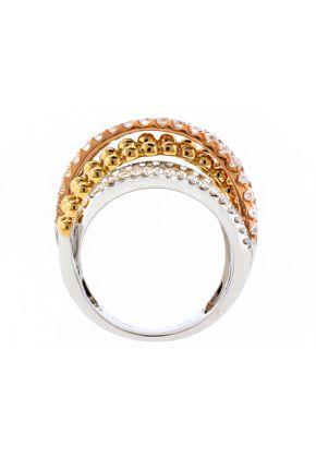 Tri Tone Crossover Style Ring with Diamonds in 18k White and Rose Gold & Beaded Design of 18k Yellow Gold