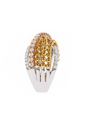 Tri Tone Crossover Style Ring with Diamonds in 18k White and Rose Gold & Beaded Design of 18k Yellow Gold