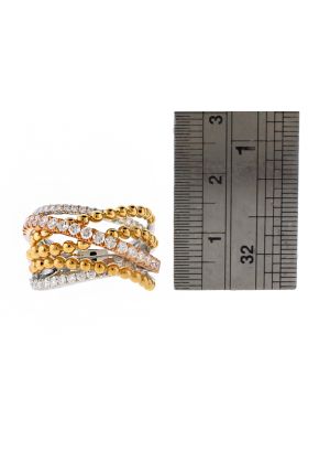 Tri Tone Crossover Style Ring with Diamonds in 18k White and Rose Gold & Beaded Design of 18k Yellow Gold