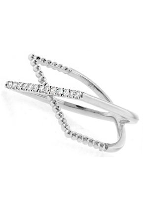 X Style Ring with One Row of Diamonds and One Row of a Beaded Design in 18k White Gold