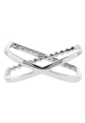 X Style Ring with One Row of Diamonds and One Row of a Beaded Design in 18k White Gold