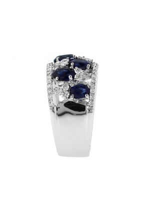 Genuine Sapphire and Diamond Wide Ladies Ring in 18kt White Gold