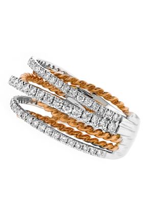 Two Tone Three Row Diamond and Three Row Rope Design Overpass Ring in 18kt Rose and White Gold