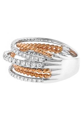 Two Tone Three Row Diamond and Three Row Rope Design Overpass Ring in 18kt Rose and White Gold