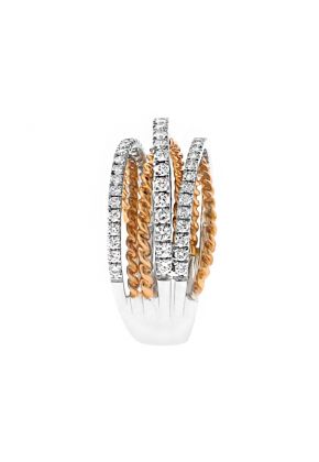 Two Tone Three Row Diamond and Three Row Rope Design Overpass Ring in 18kt Rose and White Gold