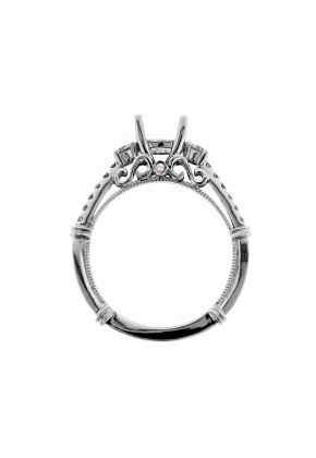 Three Stone Look with Scroll Detail Semi Mount Diamond Engagement Ring in 18kt White Gold