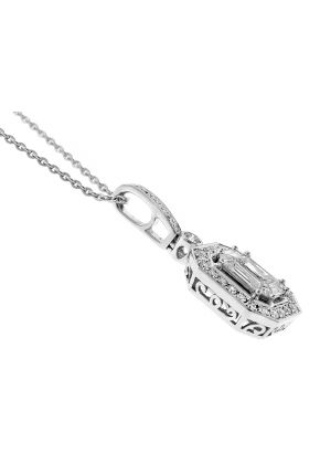 Emerald Cut Diamond Pendant Surrounded by Round and Baguette Diamonds in 18k White Gold