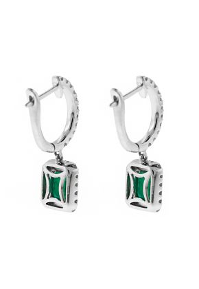 Dangling Emerald Hoop Earrings with Diamonds in 18k White Gold