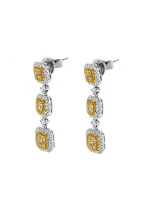 Triple Drop Dangling Earrings with Fancy Yellow Diamonds Surrounded by Halo of White Diamonds in 18k White Gold