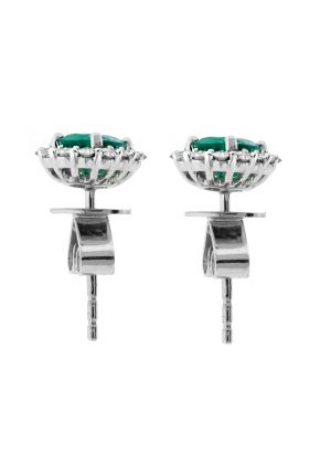 Oval Emerald Stud Earrings with Halo of Diamonds in 18k White Gold