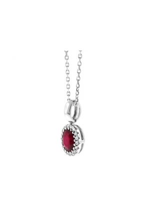 Oval Ruby Pendant with Halo of Diamonds in 18k White Gold