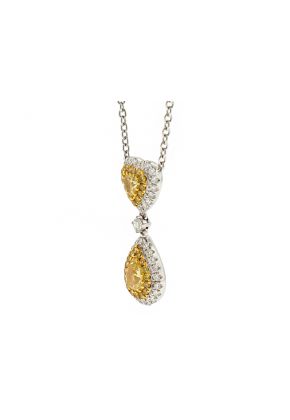 Heart and Drop Shaped Fancy Yellow Diamonds Surrounded by Halos of White Diamonds in an 18k White Gold Necklace