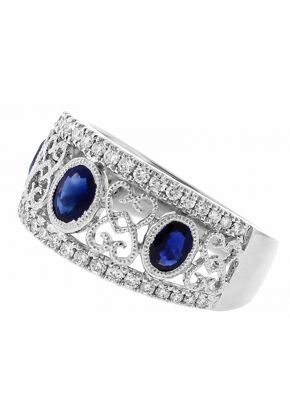 Sapphire Ring with Diamonds and Filigree Design in 18k White Gold