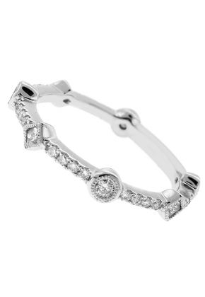 Wedding / Anniversary Band with Pattern of Bezel Set Round & Princess Cut Diamonds in 18k White Gold