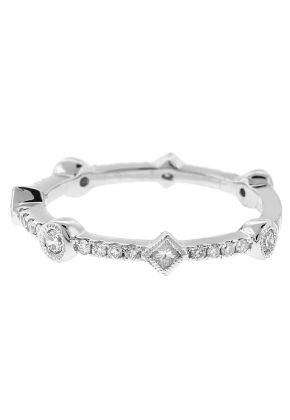 Wedding / Anniversary Band with Pattern of Bezel Set Round & Princess Cut Diamonds in 18k White Gold
