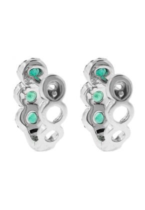 Three Tier Emerald Huggie Earrings with Crossover Halos of Diamonds in 18k White Gold