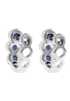 Three Tier Sapphire Huggie Earrings with Crossover Halos of Diamonds in 18k White Gold