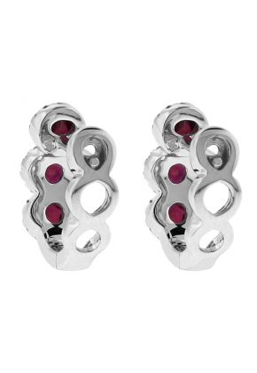 Three Tier Ruby Huggie Earrings with Crossover Halos of Diamonds in 18k White Gold