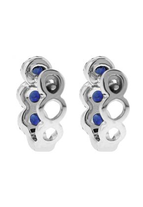 Three Tier Sapphire Huggie Earrings with Crossover Halos of Diamonds in 18k White Gold