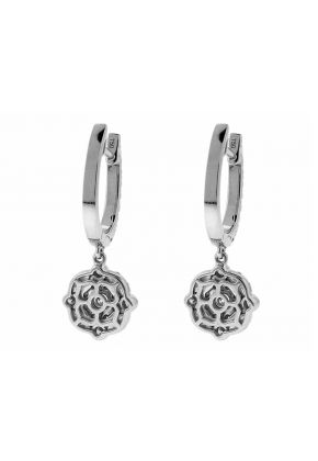 Huggie Earrings with Dangling Cluster of Diamonds in 18k White Gold