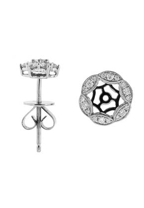 Separable Round Stud Earrings with Ornate Design of Diamonds and Milgrain in 18k White Gold (Wear Two Ways)