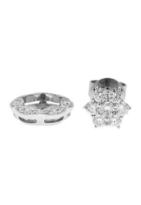 Separable Round Stud Earrings with Ornate Design of Diamonds and Milgrain in 18k White Gold (Wear Two Ways)