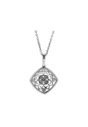 Diamond Shaped Pendant with Intricate Design of Diamonds and Filigree in 18k White Gold