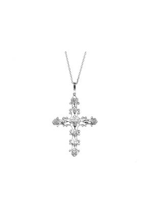 Intricate Filigree Cross Pendant with Diamonds in 18k White Gold