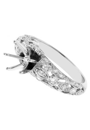Semi Mount Milgrain Engraved Openwork Engagement Ring with Diamonds in 18k White Gold