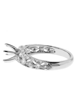 Semi Mount Milgrain Engraved Openwork Engagement Ring with Diamonds in 18k White Gold
