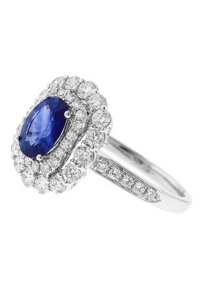 Double Halo Oval Sapphire Ring with Diamonds in 18k White Gold
